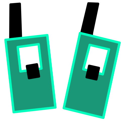 Two green walkie talkies. They have a white screen in the front of them as well as a black button on the bottom of the screen and a large black antenna